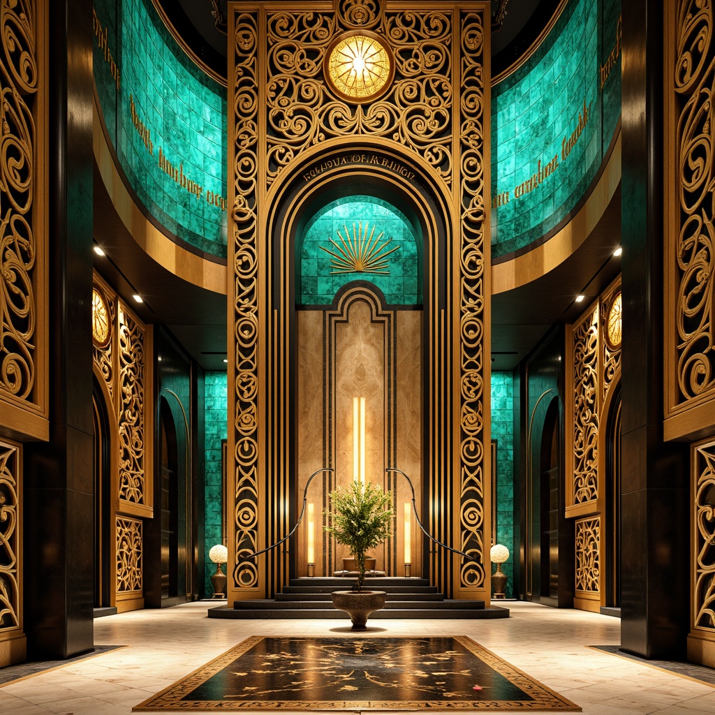 Prompt: Opulent Art Deco monument, lavish golden accents, rich bronze tones, vibrant turquoise mosaics, geometric patterns, ornate metalwork, luxurious marble surfaces, bold black outlines, stylized floral motifs, sunburst designs, zigzag patterns, metallic sheen, warm ambient lighting, shallow depth of field, 1/1 composition, symmetrical framing, high-contrast colors, intricate textures, realistic reflections.