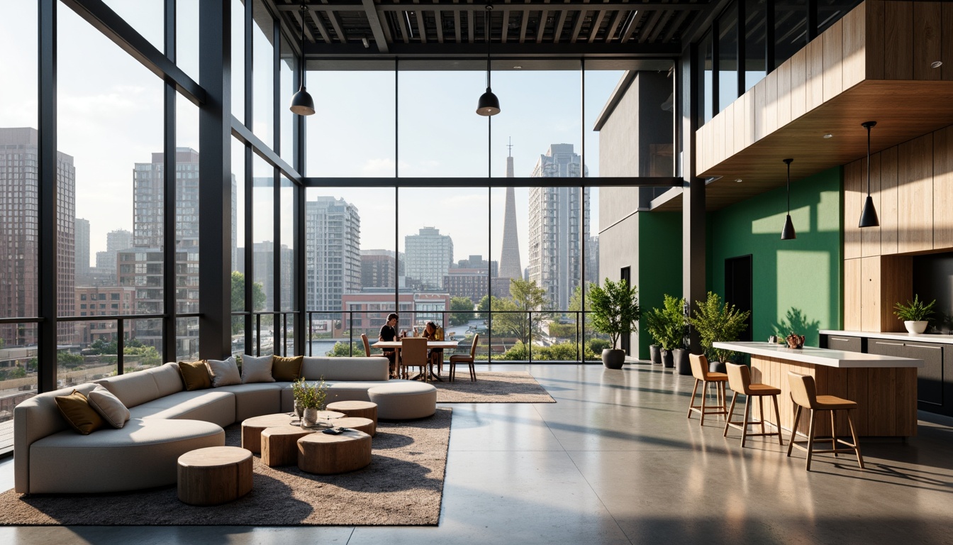 Prompt: Minimalist modern buildings, sleek glass facades, steel frames, open floor plans, natural light pouring in, airy atmosphere, comfortable seating areas, wooden accents, industrial chic decor, geometric patterns, monochromatic color schemes, textured rugs, pendant lighting fixtures, green walls, urban city views, 1/1 composition, softbox lighting, realistic reflections.