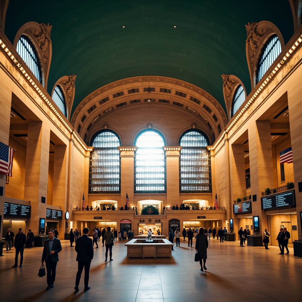 Prompt: Grand central station, ornate metalwork, intricate stonework, vaulted ceilings, majestic chandeliers, polished marble floors, luxurious waiting lounges, elegant ticket counters, vintage luggage carts, nostalgic train schedules, warm golden lighting, shallow depth of field, 1/2 composition, symmetrical architecture, neoclassical style, bustling urban atmosphere, morning rush hour, soft focus effect.