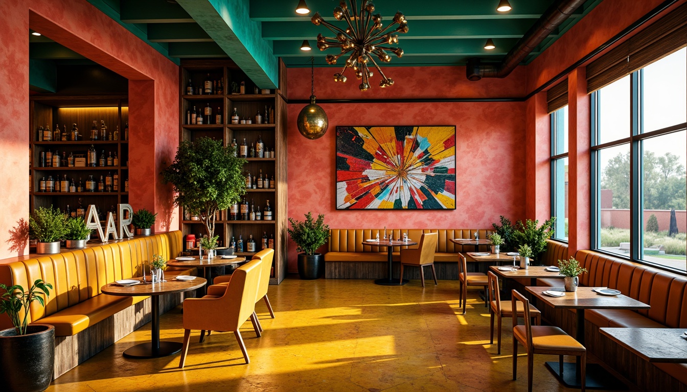 Prompt: Vibrant restaurant interior, expressionist art style, bold color palette, warm golden lighting, rich wood accents, eclectic furniture, abstract artwork, geometric patterns, bright coral walls, deep turquoise ceilings, sunny yellow floors, distressed metal decorations, reclaimed wood textures, industrial chic atmosphere, dramatic shadows, high contrast ratio, 1/2 composition, cinematic lighting, realistic reflections.