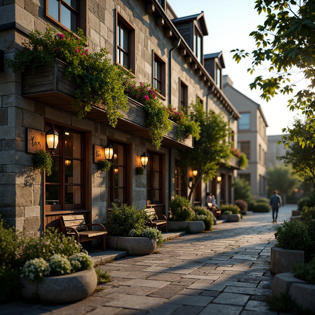 Prompt: Rustic pub exterior, ornate Baroque-style fa\u00e7ade, lush greenery, overflowing flower boxes, distressed wooden accents, vintage lanterns, meandering stone pathways, natural rock formations, moss-covered statues, whimsical topiaries, soft warm lighting, golden hour ambiance, shallow depth of field, 1/2 composition, intimate atmosphere, realistic textures, ambient occlusion.