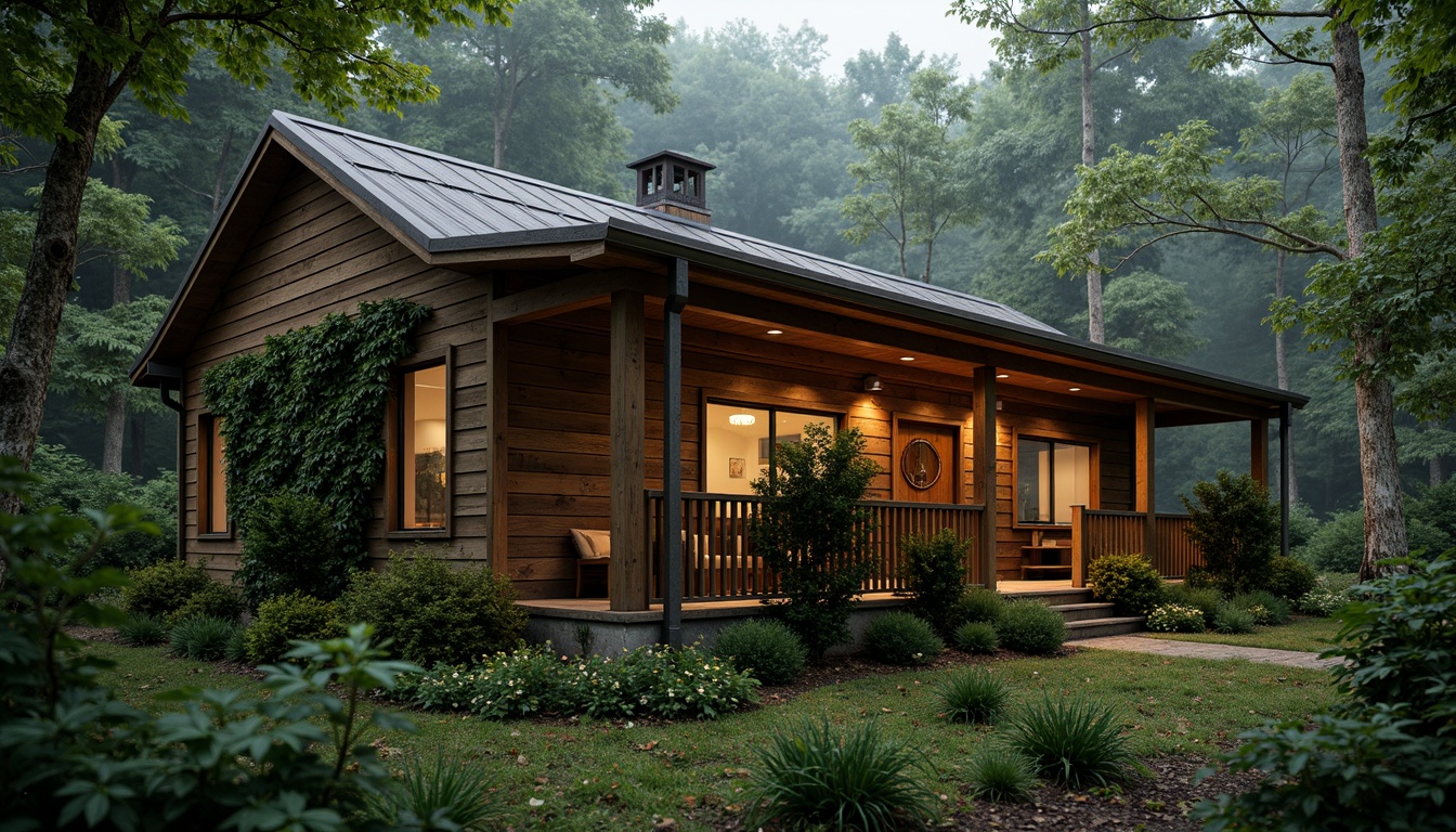 Prompt: Secluded forest cottage, wooden accents, earthy tones, lush greenery, vines crawling walls, natural stone foundation, rustic metal roof, cozy porch, hanging lanterns, soft warm lighting, misty morning atmosphere, shallow depth of field, 1/1 composition, realistic textures, ambient occlusion.