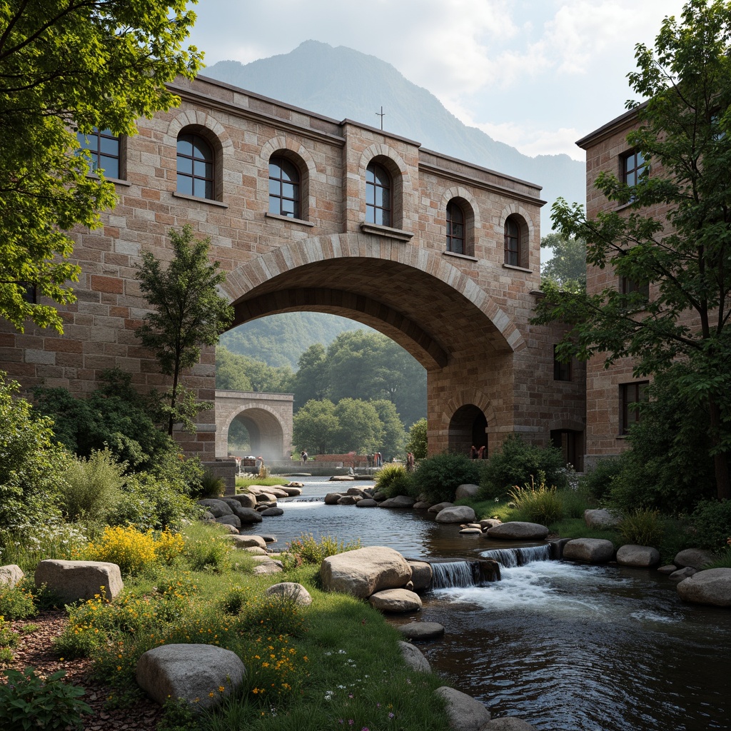 Prompt: Rustic stone bridges, arched structures, robust masonry, weathered brick facades, ornate stonework, sturdy piers, majestic arches, rough-hewn stones, earthy tones, natural textures, dramatic lighting, misty atmosphere, serene water flow, tranquil riverbanks, lush greenery, vibrant wildflowers, warm sunny day, soft diffused light, shallow depth of field, 3/4 composition, realistic stone details, ambient occlusion.