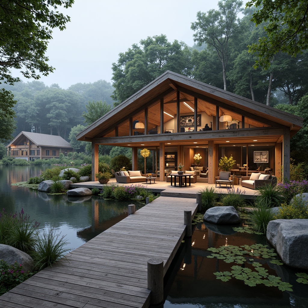 Prompt: Waterfront boathouse, rustic wooden docks, serene lake views, lush greenery, vibrant flowers, natural stone walls, wooden accents, nautical decorations, cozy interior spaces, warm lighting, shallow depth of field, 3/4 composition, panoramic view, realistic textures, ambient occlusion, tranquil atmosphere, soft misty morning, gentle lapping water sounds.