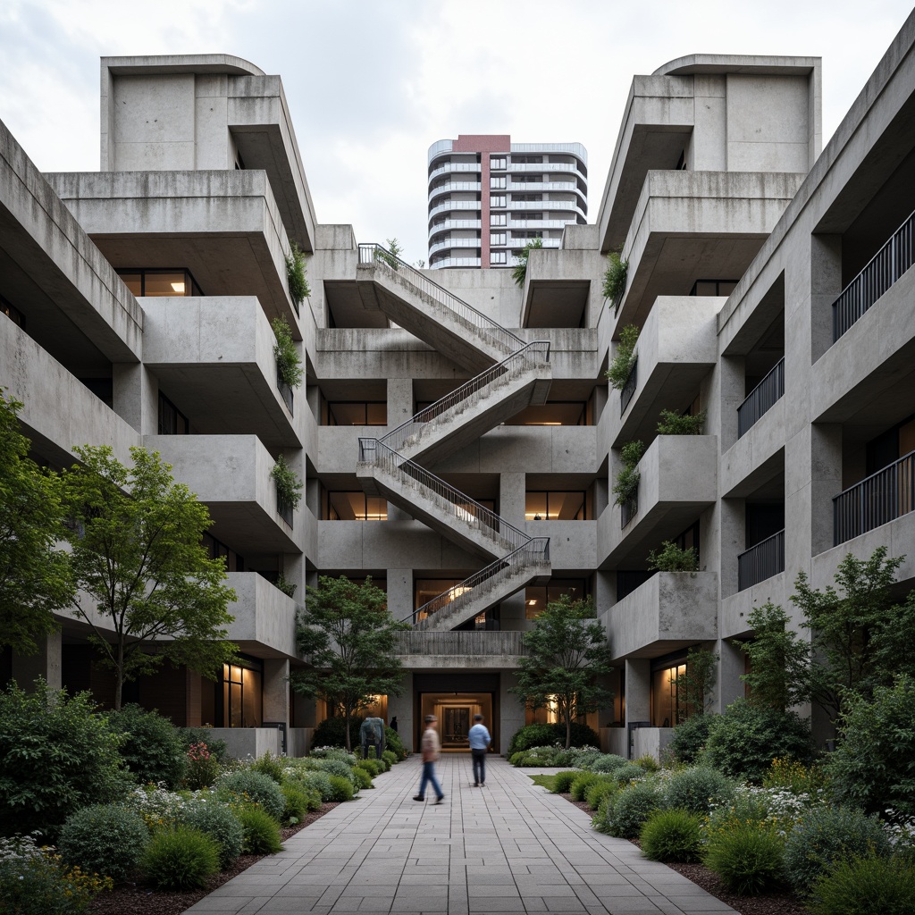 Prompt: Rugged concrete buildings, fortress-like structures, brutalist architecture, raw unfinished surfaces, exposed ductwork, industrial-style lighting, steel beams, reinforced columns, geometric shapes, angular lines, monumental staircases, cantilevered roofs, dramatic shadows, high-contrast textures, bold color schemes, urban campus setting, dense foliage, mature trees, paved walkways, modern sculptures, abstract art installations, overcast skies, diffused natural light, 1/2 composition, symmetrical framing.