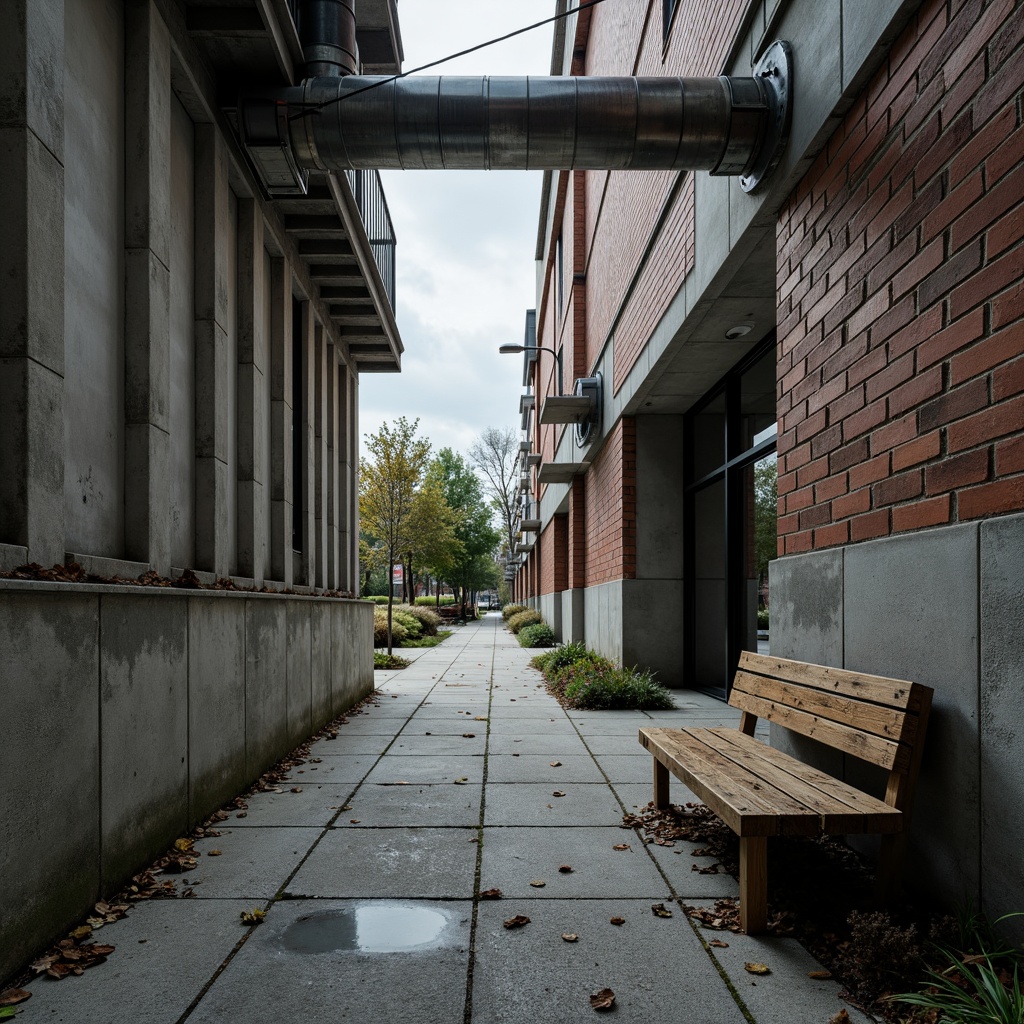 Prompt: Rough-hewn concrete walls, exposed ductwork, industrial metal beams, raw brick facades, brutalist campus buildings, rugged stone pathways, weathered wooden benches, distressed metal railings, urban landscape, overcast skies, dramatic shadows, high-contrast lighting, abstract compositions, moody atmospheric effects, realistic material textures, ambient occlusion.