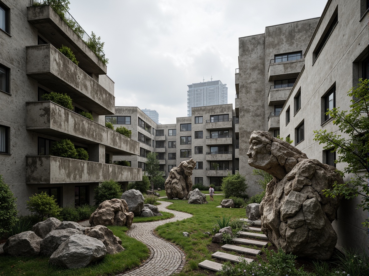 Prompt: Fragmented rocky formations, irregular stone walls, abstract sculptures, meandering pathways, overgrown vegetation, distressed metal accents, fractured concrete surfaces, dynamic angular lines, unconventional building masses, cantilevered structures, asymmetrical compositions, bold color contrasts, dramatic lighting effects, misty atmospheric conditions, shallow depth of field, 2/3 composition, wide-angle lens, high-contrast rendering, intricate texture details.