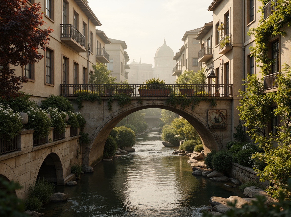 Prompt: Ancient stone bridges, ornate balustrades, rustic arches, weathered stonework, moss-covered piers, gentle water flow, serene riverbanks, lush greenery, vibrant flowers, historic cityscape, warm golden lighting, soft misty atmosphere, shallow depth of field, 3/4 composition, symmetrical architecture, classical ornamental details, intricate carvings, ornate lamp posts, rustic metal railings.