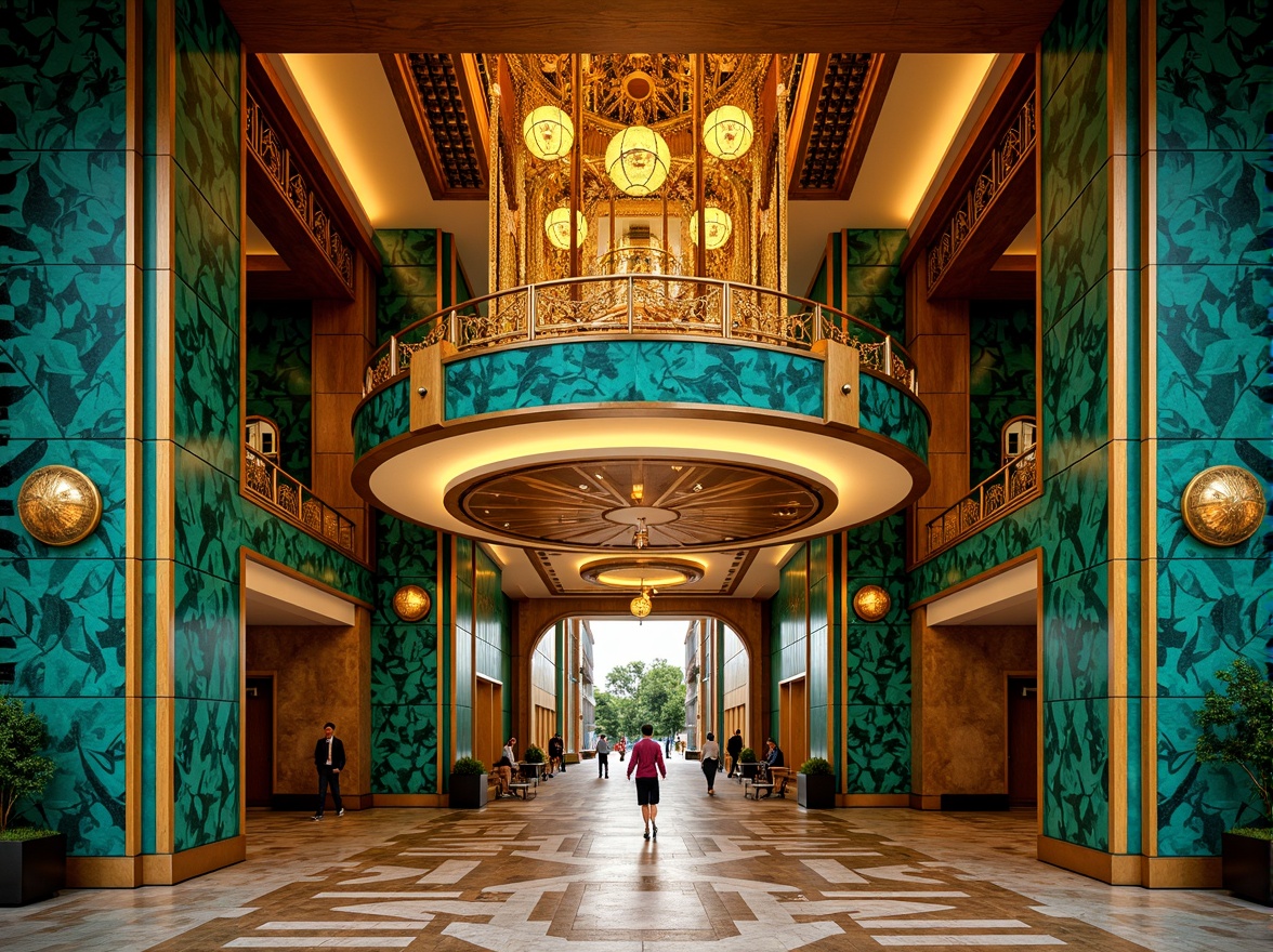 Prompt: Opulent Art Deco monument, lavish golden accents, rich bronze tones, vibrant turquoise mosaics, geometric patterns, ornate metalwork, luxurious marble surfaces, bold black outlines, stylized floral motifs, sunburst designs, zigzag patterns, metallic sheen, warm ambient lighting, shallow depth of field, 1/1 composition, symmetrical framing, high-contrast colors, intricate textures, realistic reflections.