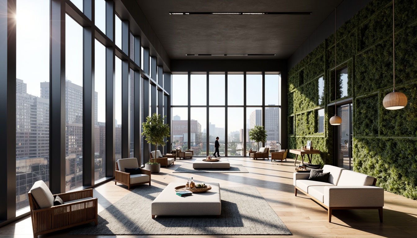 Prompt: Minimalist modern buildings, sleek glass facades, steel frames, open floor plans, natural light pouring in, airy atmosphere, comfortable seating areas, wooden accents, industrial chic decor, geometric patterns, monochromatic color schemes, textured rugs, pendant lighting fixtures, green walls, urban city views, 1/1 composition, softbox lighting, realistic reflections.