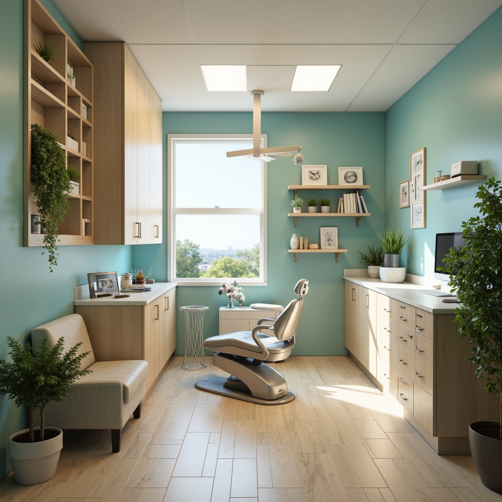 Prompt: Calming dental clinic, soothing blue-green color scheme, creamy whites, warm beige tones, natural wood accents, gentle curves, minimalist decor, modern medical equipment, sleek stainless steel surfaces, comfortable waiting area, lush green plants, soft overhead lighting, shallow depth of field, 1/1 composition, realistic textures, ambient occlusion.