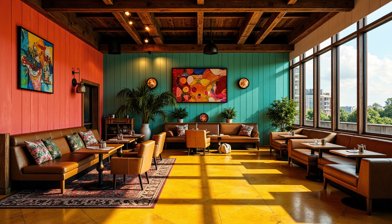 Prompt: Vibrant restaurant interior, expressionist art style, bold color palette, warm golden lighting, rich wood accents, eclectic furniture, abstract artwork, geometric patterns, bright coral walls, deep turquoise ceilings, sunny yellow floors, distressed metal decorations, reclaimed wood textures, industrial chic atmosphere, dramatic shadows, high contrast ratio, 1/2 composition, cinematic lighting, realistic reflections.