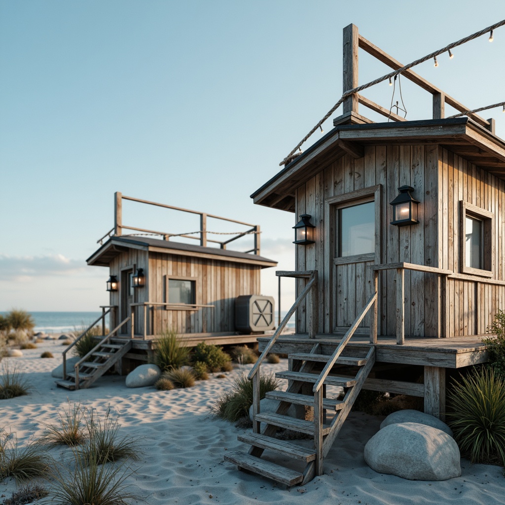 Prompt: Weathered wooden towers, rustic nautical details, ocean-inspired color palette, soothing blues and whites, sandy neutrals, sea-salt sprays, driftwood accents, rope-wrapped railings, lantern-style lighting, misty morning atmosphere, soft warm sunlight, shallow depth of field, 1/2 composition, realistic textures, ambient occlusion.