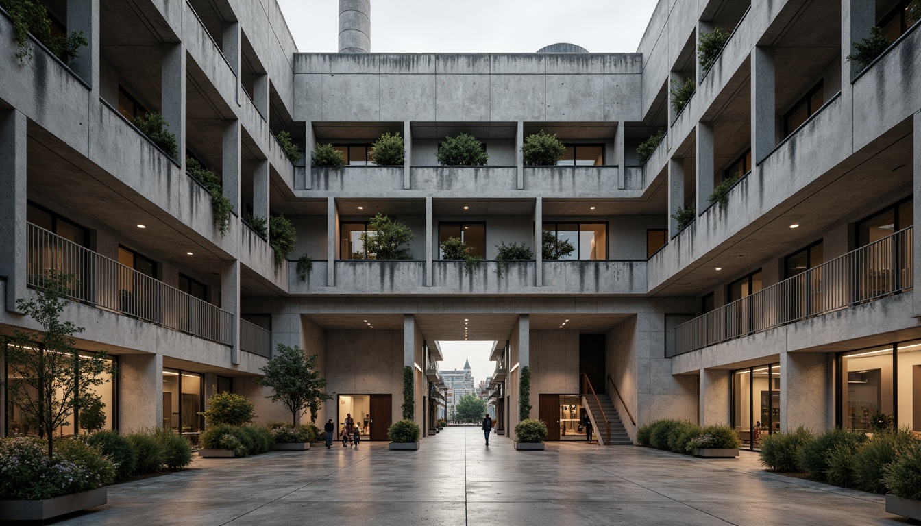 Prompt: Rugged brutalist school building, raw concrete walls, industrial metal beams, exposed ductwork, minimalist decor, functional architecture, earthy tone color palette, muted grays, weathered browns, industrial blues, worn wood accents, distressed textures, urban landscape, overcast skies, dramatic shadows, high contrast lighting, 1/1 composition, symmetrical framing, realistic renderings, ambient occlusion.