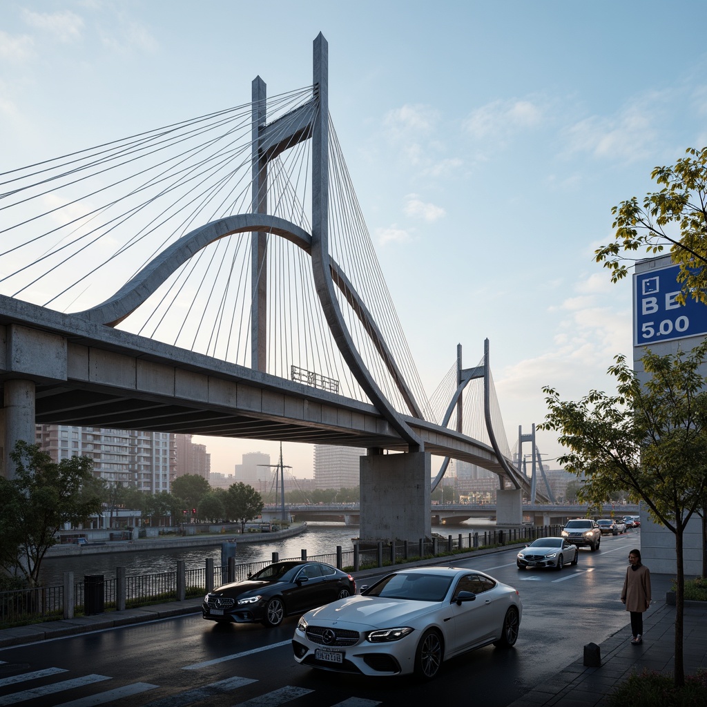 Prompt: Futuristic bridge design, sleek metal arches, durable steel cables, reinforced concrete pillars, weathered stone foundations, modern suspension systems, vibrant LED lighting, misty atmospheric effects, shallow depth of field, 3/4 composition, panoramic view, realistic textures, ambient occlusion, urban cityscape, busy highway traffic, sunny day, soft warm lighting.