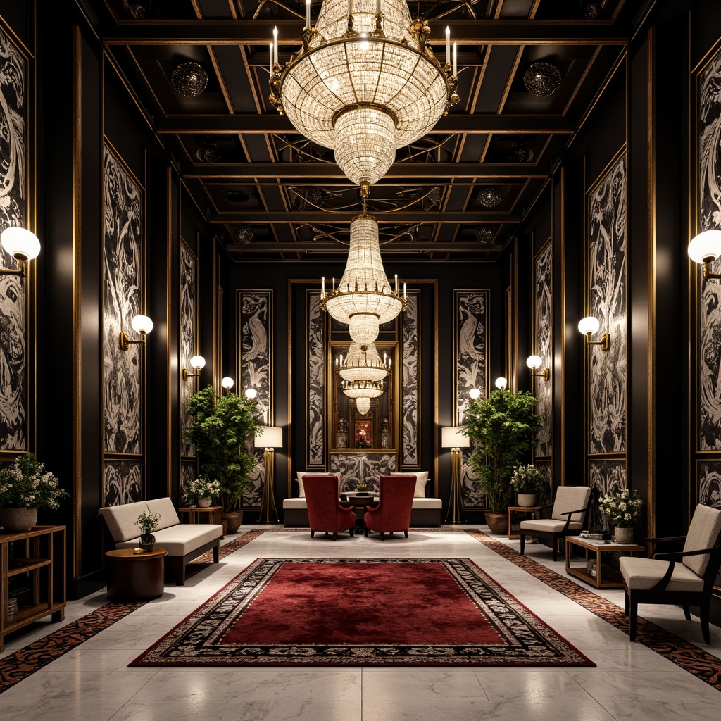 Prompt: Luxurious Art Deco interior, ornate metalwork, geometric patterns, glossy black surfaces, polished chrome accents, rich velvet fabrics, intricate marble inlays, opulent chandeliers, lavish furnishings, bold color schemes, metallic sheen, high-contrast lighting, dramatic shadows, 1/1 composition, low-angle shot, cinematic atmosphere, realistic reflections, detailed textures.