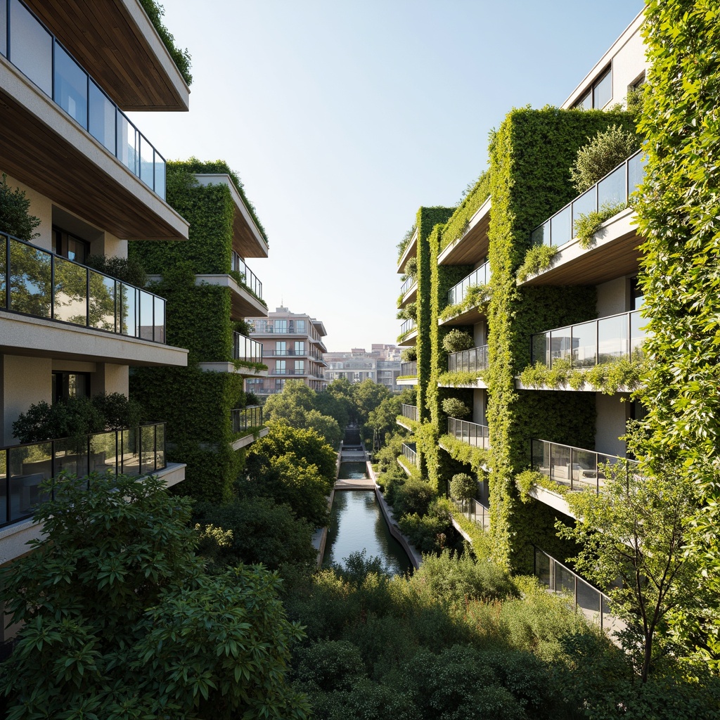 Prompt: Vibrant green walls, living facades, lush vegetation, modern sustainable architecture, eco-friendly materials, energy-efficient systems, solar panels, wind turbines, rainwater harvesting systems, green roofs, vertical gardens, trellis structures, natural stone cladding, reclaimed wood accents, large windows, glass balconies, cantilevered overhangs, minimalist design, futuristic aesthetic, urban cityscape, sunny day, soft warm lighting, shallow depth of field, 3/4 composition, panoramic view, realistic textures, ambient occlusion.