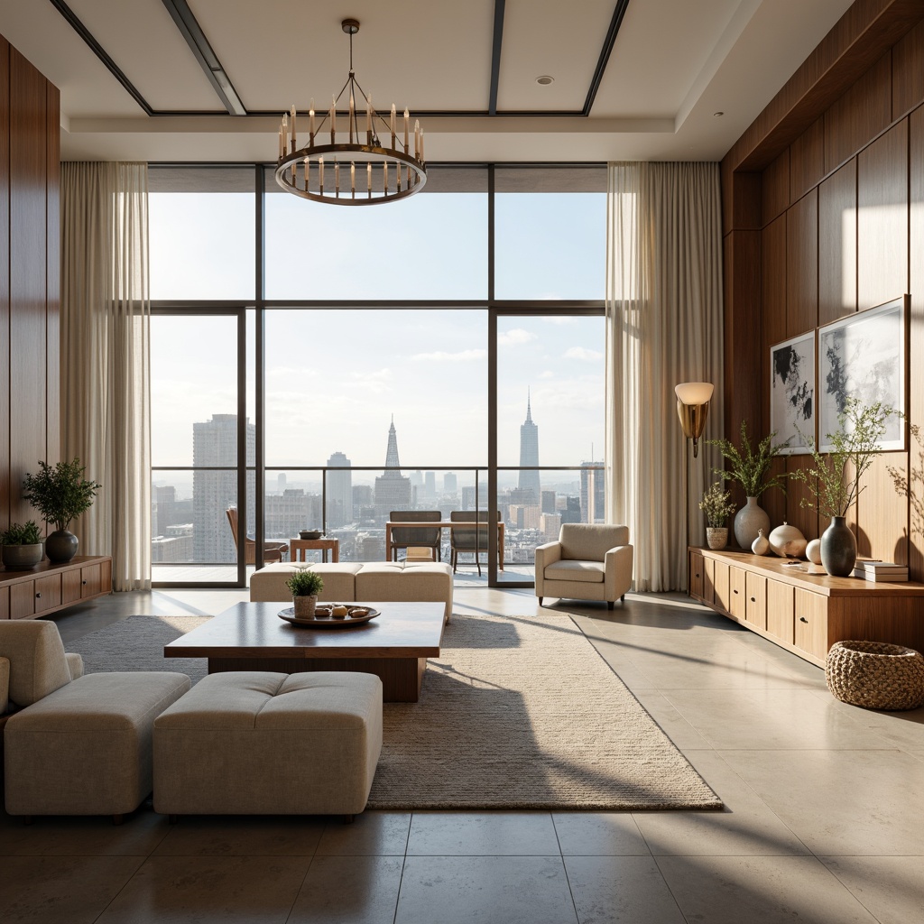 Prompt: Luxurious penthouse, modern minimalist decor, neutral color scheme, creamy whites, rich woods, metallic accents, floor-to-ceiling windows, breathtaking city views, sleek lines, sophisticated ambiance, warm beige tones, soft gray hues, bold accent walls, lavish furnishings, opulent chandeliers, panoramic skyline, dramatic lighting, shallow depth of field, 1/1 composition, realistic textures, ambient occlusion.