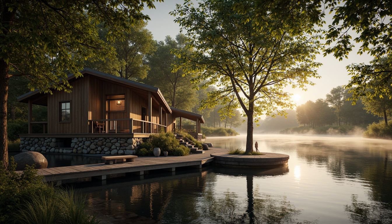 Prompt: Rustic boathouse, wooden dock, serene lakefront, lush greenery, overhanging trees, natural stone walls, weathered wood accents, nautical ropes, lantern-style lighting, warm golden tones, soft misty atmosphere, shallow depth of field, 1/1 composition, symmetrical framing, realistic water reflections, ambient occlusion.