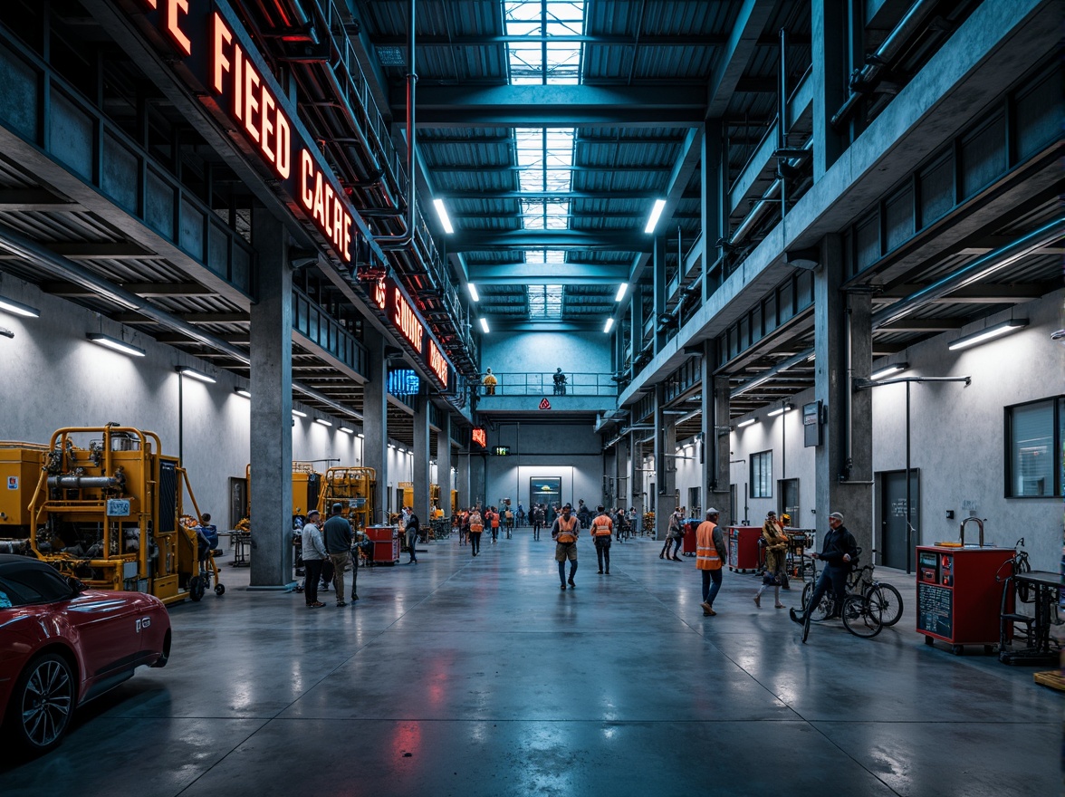 Prompt: Industrial energy plant, metallic structures, steel beams, pipes and valves, concrete foundations, functional machinery, neon-lit control rooms, warning signs, safety helmets, reflective vests, high-visibility colors, bold typography, dynamic lighting, dramatic shadows, 1/2 composition, cinematic atmosphere, realistic textures, ambient occlusion.