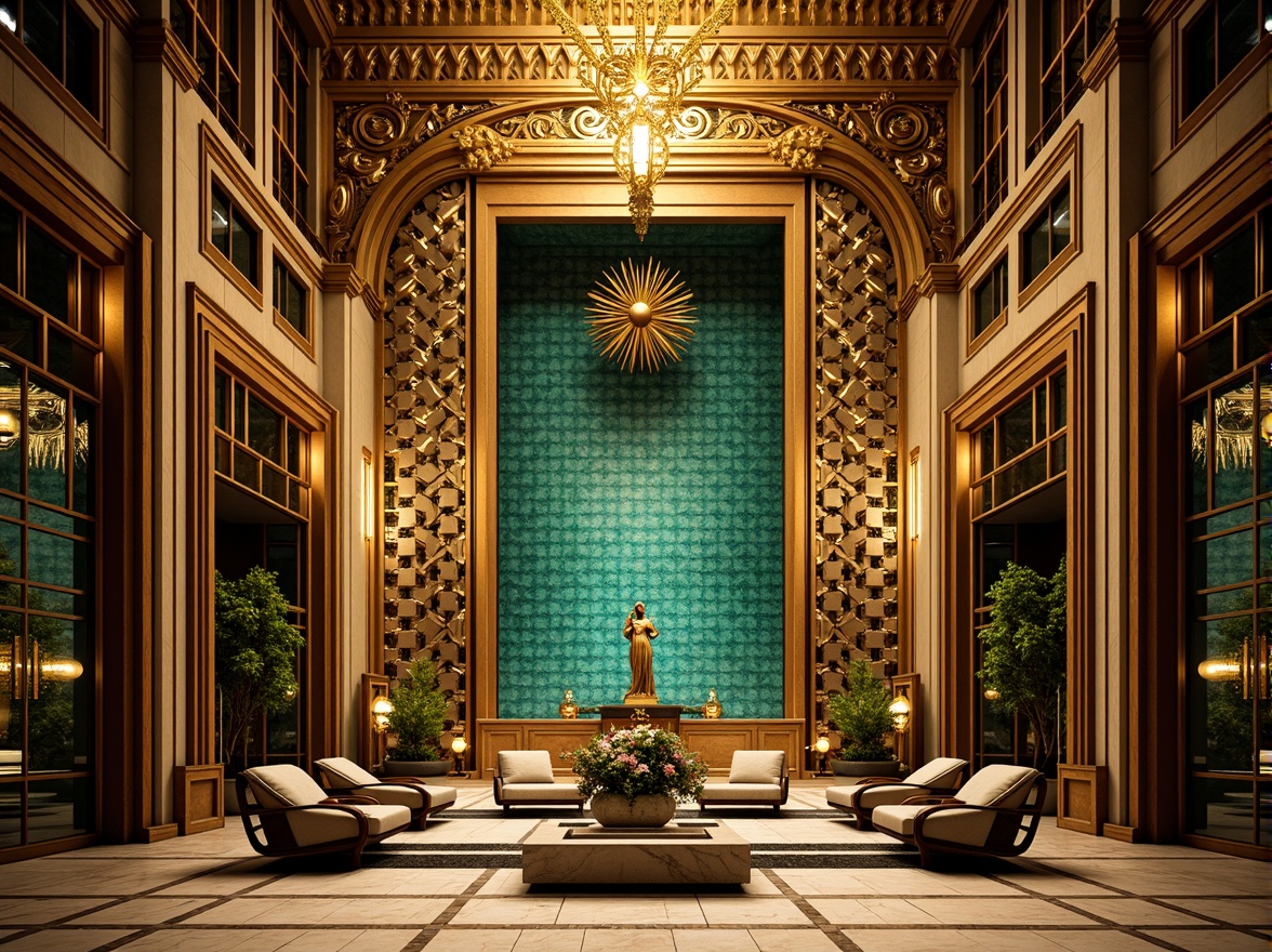 Prompt: Opulent Art Deco monument, lavish golden accents, rich bronze tones, vibrant turquoise mosaics, geometric patterns, ornate metalwork, luxurious marble surfaces, bold black outlines, stylized floral motifs, sunburst designs, zigzag patterns, metallic sheen, warm ambient lighting, shallow depth of field, 1/1 composition, symmetrical framing, high-contrast colors, intricate textures, realistic reflections.