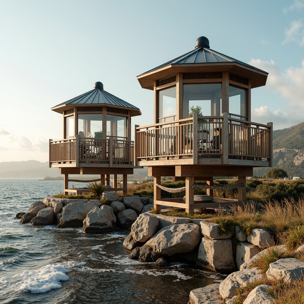 Prompt: Rustic coastal watching towers, weathered wooden planks, driftwood accents, galvanized steel railings, nautical rope details, ocean-inspired color palette, sandy beige tones, sea-salt sprayed glass windows, distressed metal roofs, natural stone foundations, rugged cliffside settings, crashing waves, salty sea air, warm sunlight, soft focus, shallow depth of field, 1/2 composition, atmospheric perspective, realistic textures, ambient occlusion.