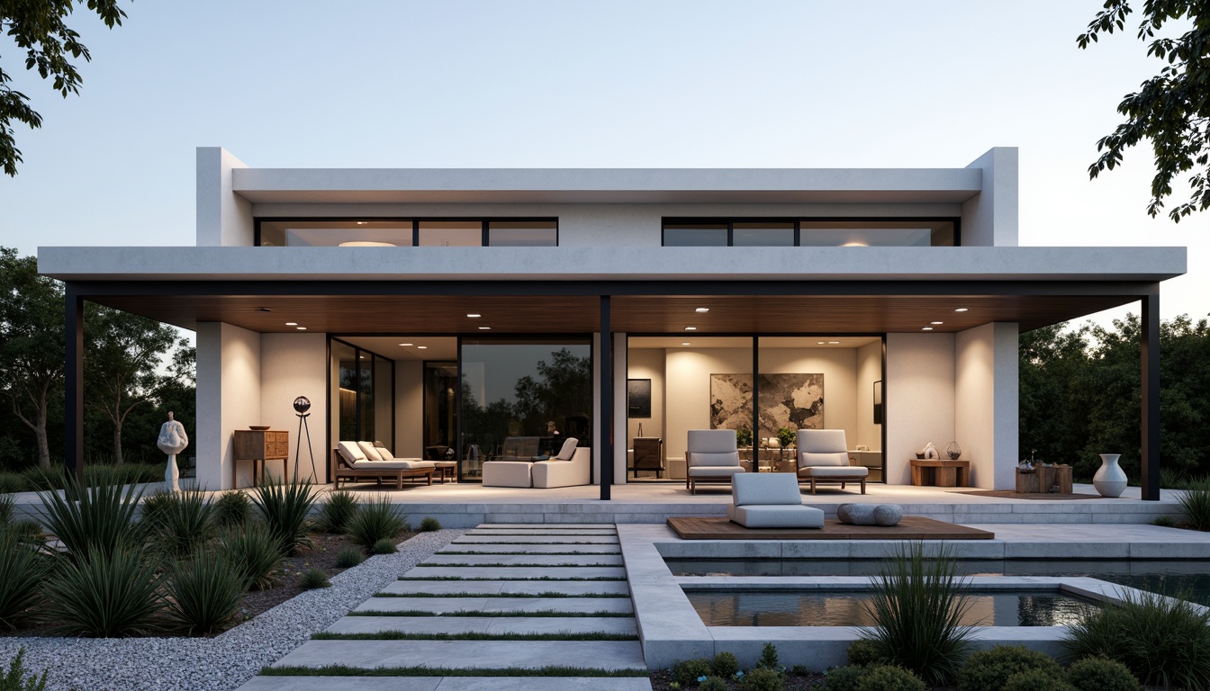 Prompt: Minimalist villa, clean lines, rectangular forms, monochromatic color scheme, industrial materials, steel frames, large windows, sliding glass doors, sparse greenery, succulent plants, gravel pathways, modern outdoor furniture, geometric sculptures, abstract art pieces, functional lighting, warm ambient glow, shallow depth of field, 1/1 composition, symmetrical framing, high-contrast textures, subtle shading.