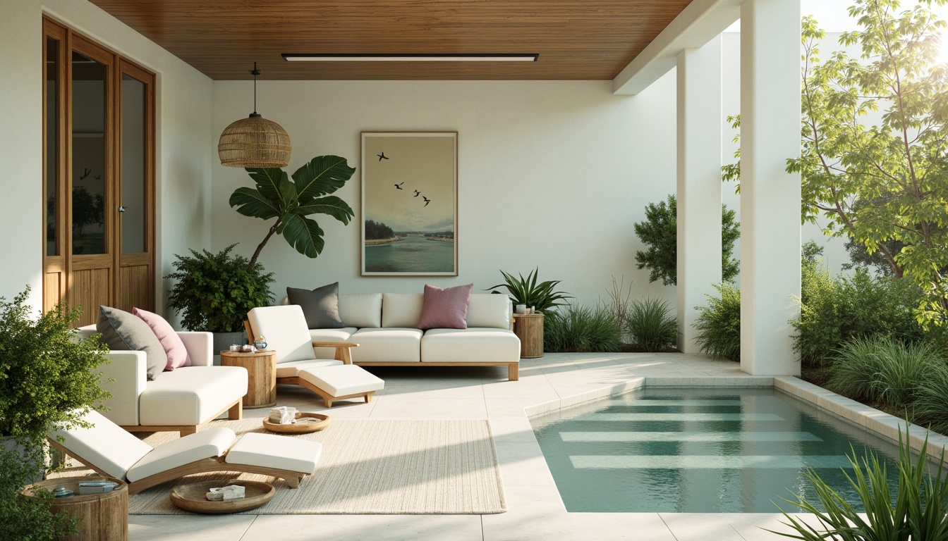 Prompt: Calming atmosphere, soft pastel hues, gentle mint green, creamy whites, warm beige, soothing blues, pale lavender, natural wood accents, woven textiles, organic shapes, minimalist decor, abundant greenery, lush plants, serene water features, subtle lighting, warm glow, shallow depth of field, 1/1 composition, realistic textures, ambient occlusion.