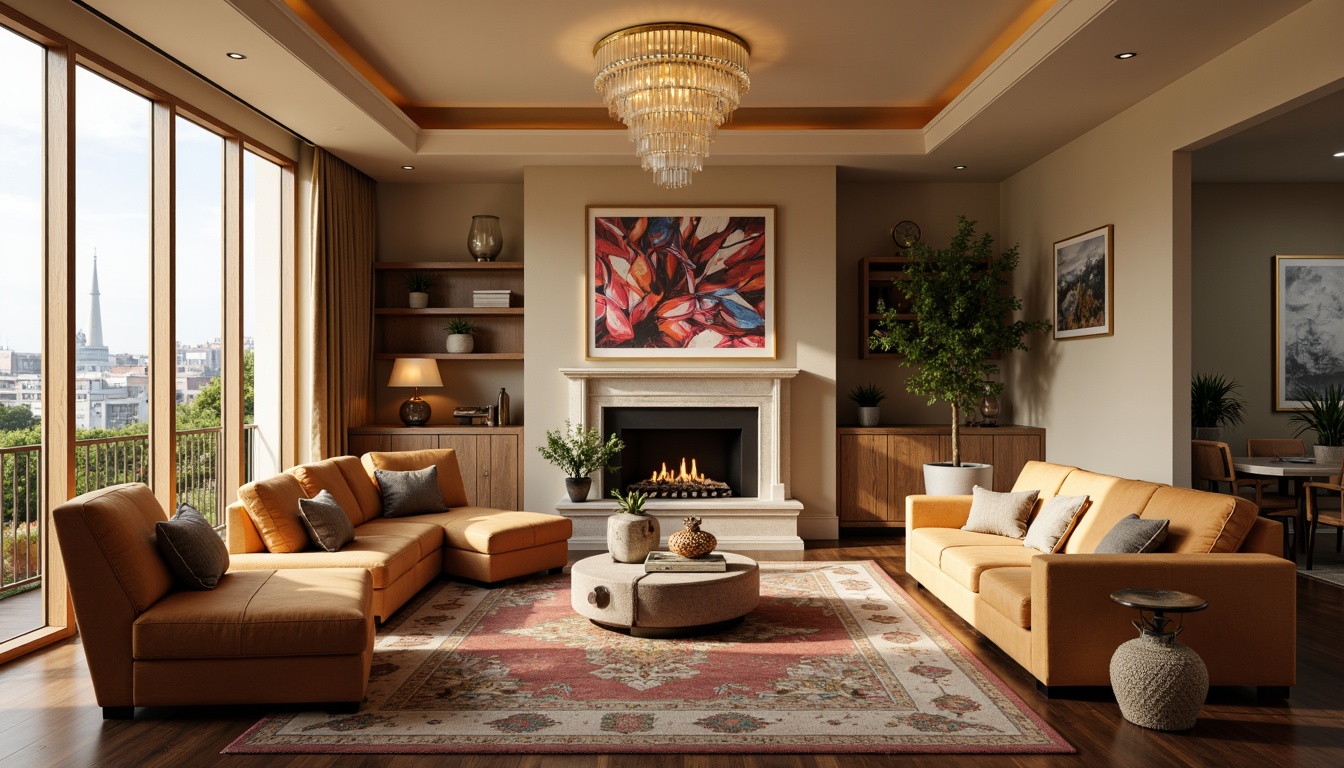 Prompt: Cozy living room, plush sofas, velvet armchairs, warm beige walls, rich wood flooring, soft golden lighting, elegant chandeliers, modern minimalist decor, vibrant colorful artwork, comfortable throw pillows, luxurious rugs, floor-to-ceiling windows, natural stone fireplaces, sleek metal accents, sophisticated color palette, 1/1 composition, shallow depth of field, realistic textures.