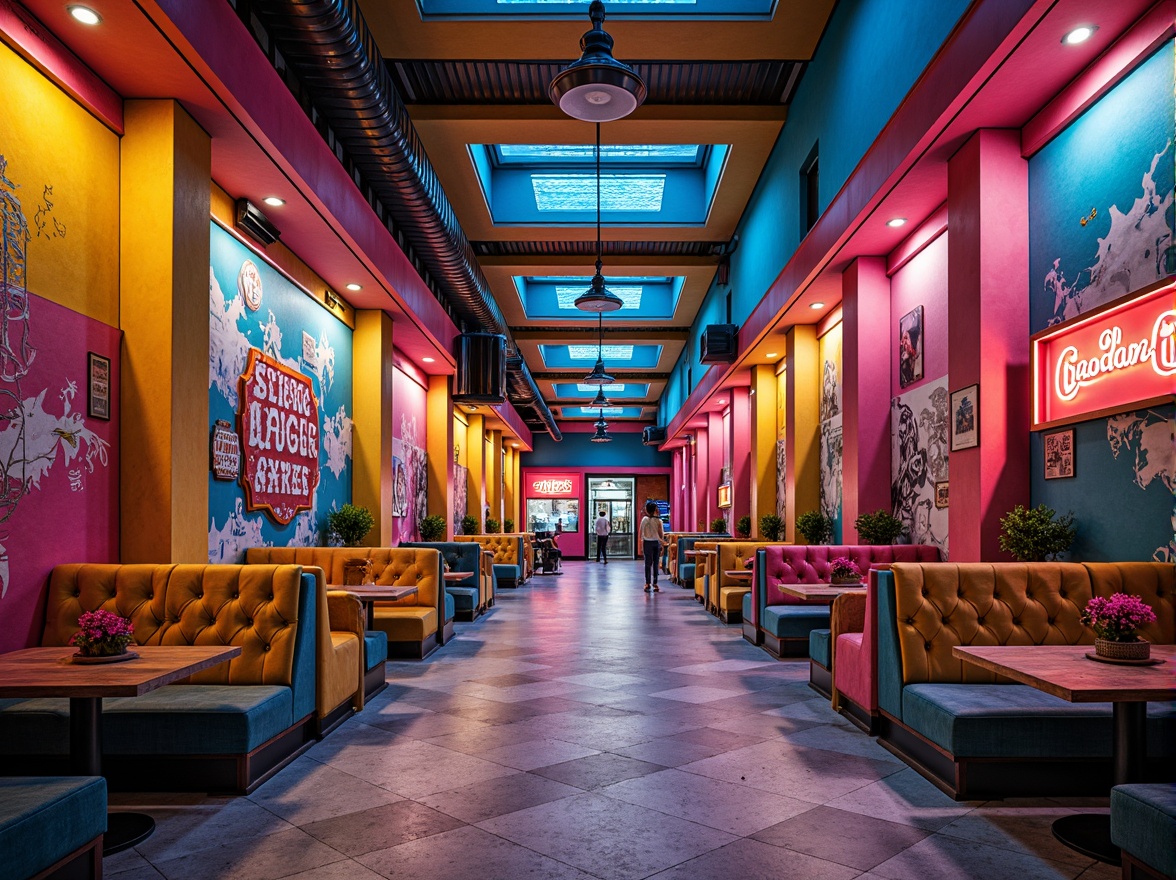 Prompt: Vibrant postmodern architecture, bold color blocking, pastel hues, neon accents, eclectic patterns, ornate details, playful textures, distressed finishes, industrial materials, exposed ductwork, reclaimed wood, urban graffiti, abstract murals, dynamic lighting, warm golden tones, cool blue undertones, high-contrast shading, dramatic shadows, cinematic composition, atmospheric perspective.