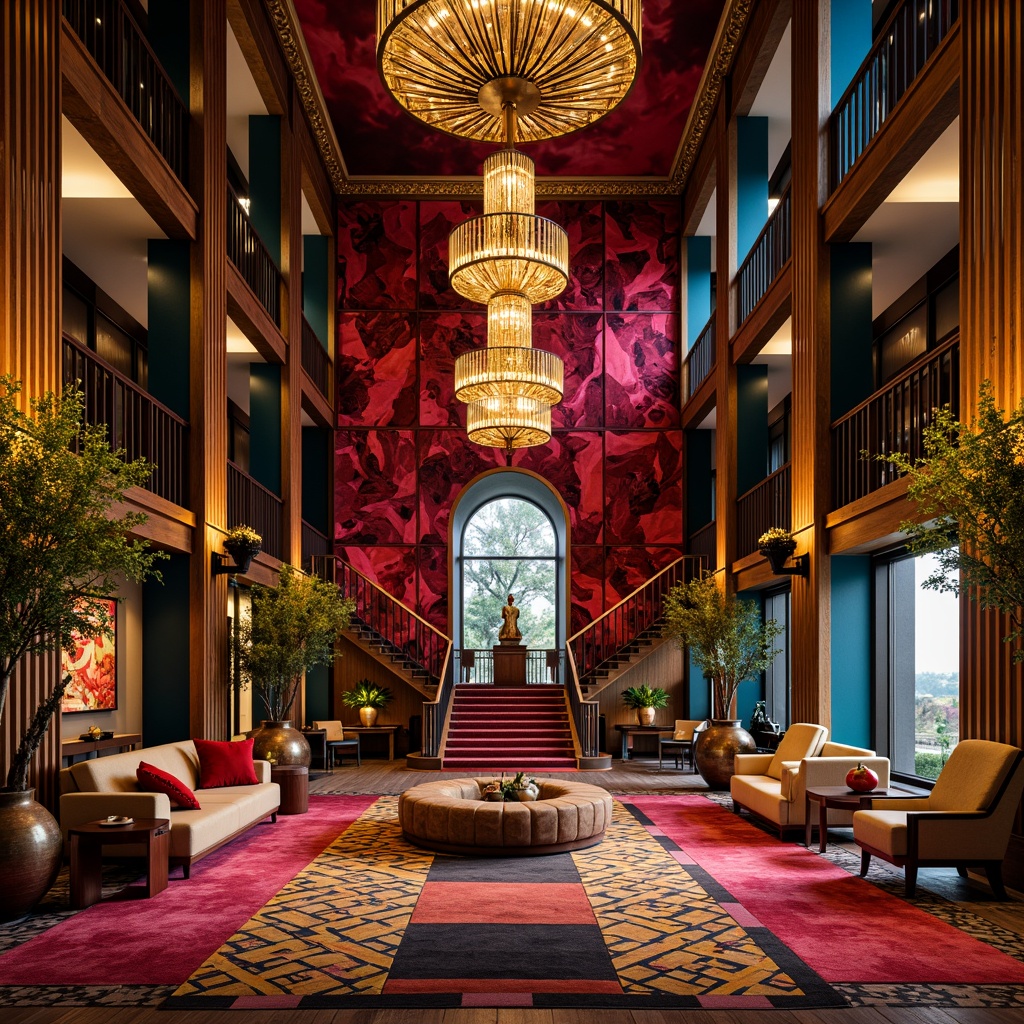 Prompt: Vibrant hotel lobby, bold geometric patterns, rich jewel-toned colors, luxurious velvet fabrics, ornate metal fixtures, grand chandeliers, sweeping staircases, dramatic archways, eclectic artwork, abstract sculptures, lavish furnishings, plush area rugs, warm golden lighting, cinematic shadows, 1/1 composition, low-angle shot, atmospheric misting, opulent materials, avant-garde decor.