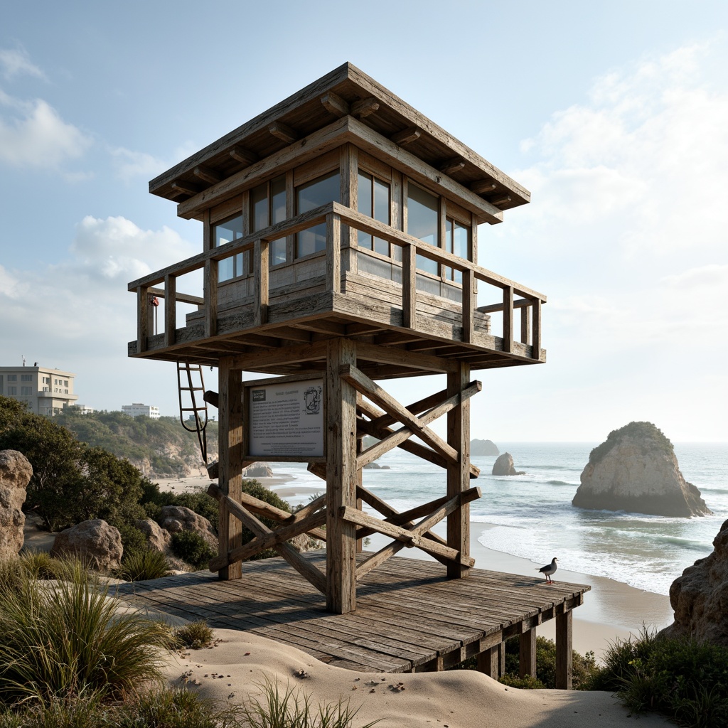 Prompt: Weathered wooden watching tower, driftwood accents, nautical rope details, ocean-inspired color palette, sandy dune surroundings, seaside rocky formations, crashing waves, salty misty atmosphere, warm sunny day, soft natural lighting, shallow depth of field, 3/4 composition, panoramic view, realistic textures, ambient occlusion, seagull silhouettes, beachy vegetation, rustic metal railings, distressed wooden planks, ocean-view observation decks.