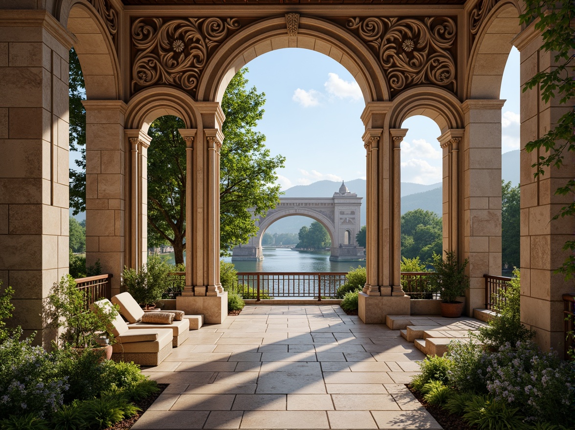 Prompt: Elegant archways, ornate stone carvings, rustic brick facades, grandiose bridge structures, serene water reflections, lush greenery, vibrant flowers, majestic river views, sunny day, soft warm lighting, shallow depth of field, 3/4 composition, panoramic view, realistic textures, ambient occlusion, Renaissance-inspired ornateness, classical columns, symmetrical architecture, decorative balustrades, intricate stonework, weathered copper details, ornate metal railings.