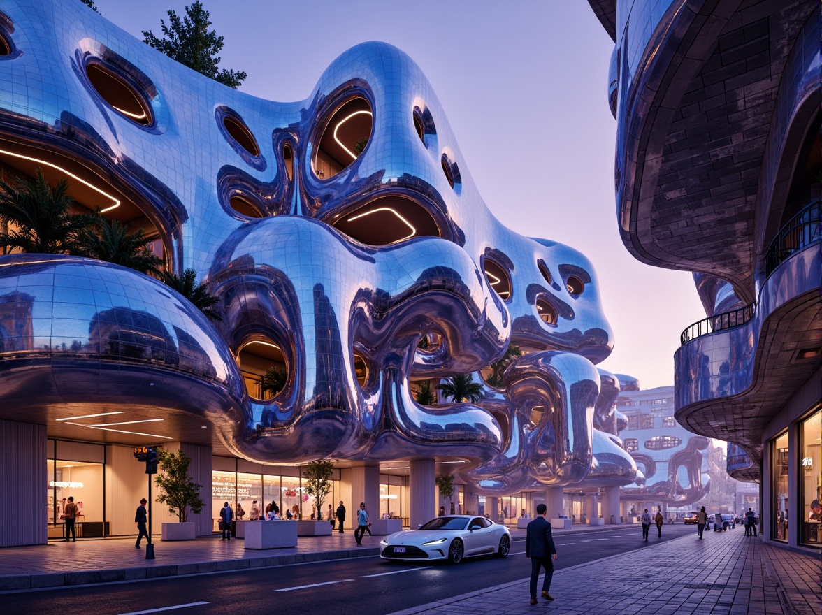 Prompt: Organic blob-shaped buildings, futuristic architecture, iridescent colors, glossy finishes, undulating curves, parametric design, algorithmic patterns, LED lighting installations, neon-lit accents, translucent materials, 3D-printed components, cantilevered structures, asymmetrical compositions, dramatic shadows, high-contrast textures, abstract reflections, atmospheric misting systems, surreal ambiance, cinematic lighting, wide-angle lens, shallow depth of field.