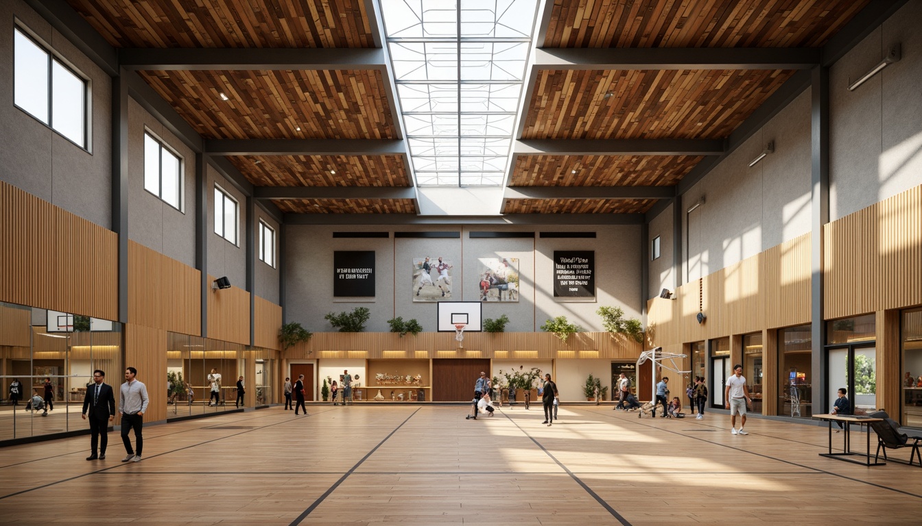 Prompt: Modern gymnasium building, eco-friendly materials, reclaimed wood flooring, bamboo walls, recycled metal beams, low-carbon concrete, green roofs, solar panels, natural ventilation systems, clerestory windows, abundant daylight, soft warm lighting, 3/4 composition, shallow depth of field, realistic textures, ambient occlusion, athletic equipment, basketball hoops, volleyball nets, exercise machines, mirrored walls, motivational quotes, inspirational posters, calm color scheme, earthy tones, wooden accents.