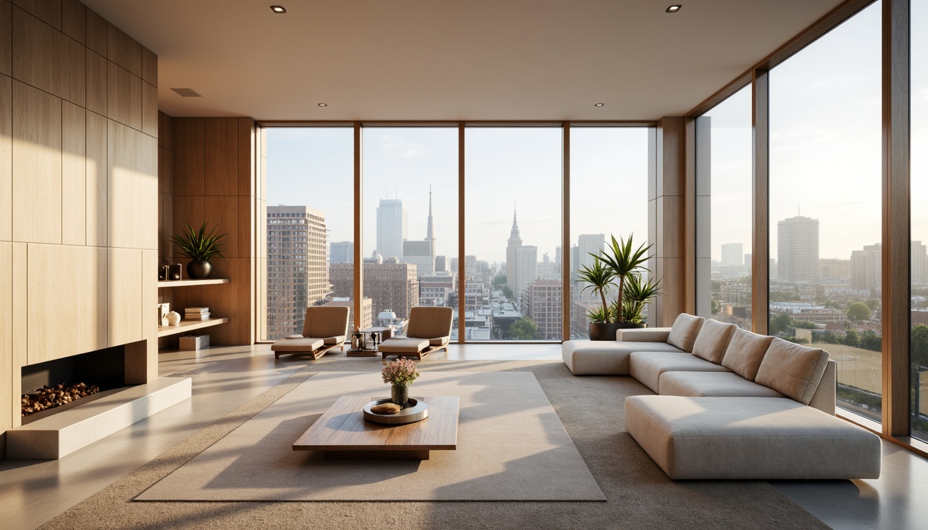 Prompt: Luxurious penthouse, modern minimalist decor, neutral color scheme, creamy whites, rich woods, metallic accents, floor-to-ceiling windows, breathtaking city views, soft warm lighting, 1/1 composition, shallow depth of field, realistic textures, ambient occlusion.