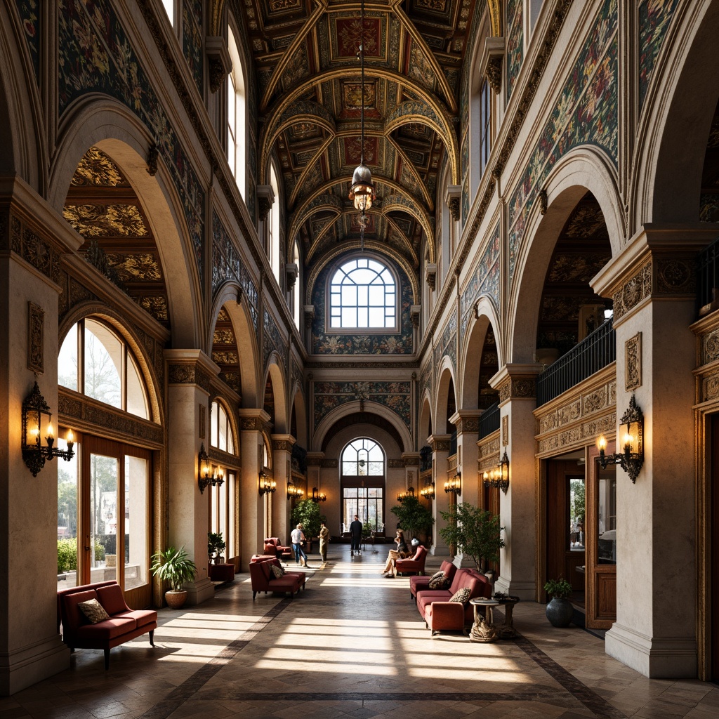 Prompt: Intricate stone carvings, ornate arches, grand domes, vibrant mosaics, golden accents, rich tapestries, luxurious furnishings, ornamental lanterns, majestic columns, marble floors, high ceilings, stained glass windows, warm candlelight, soft shadows, 1/1 composition, symmetrical framing, realistic textures, ambient occlusion.