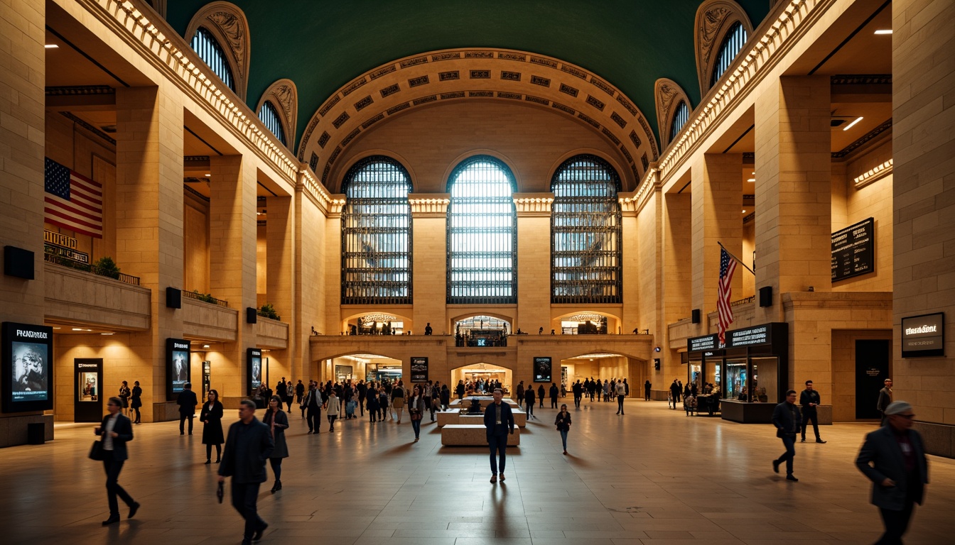 Prompt: Grand central station, ornate metalwork, intricate stonework, vaulted ceilings, majestic archways, elegant chandeliers, refined wooden accents, luxurious textiles, sophisticated signage, bustling atmosphere, morning rush hour, warm golden lighting, shallow depth of field, 1/2 composition, symmetrical framing, realistic reflections, ambient occlusion.