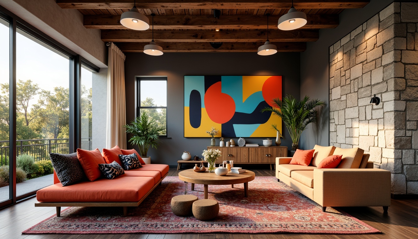 Prompt: Vibrant artistic studio, eclectic furniture, bold color blocking, contrasting textures, abstract artwork, statement lighting fixtures, industrial metal accents, reclaimed wood floors, bohemian-inspired rugs, natural stone walls, oversized windows, soft warm glow, shallow depth of field, 1/1 composition, realistic renderings, ambient occlusion.