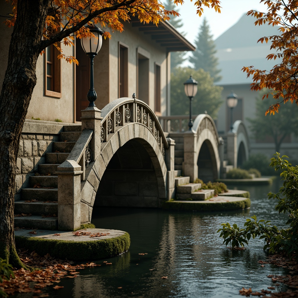 Prompt: Ornate balustrades, intricately carved stone railings, grandiose bridge architecture, sweeping curves, majestic arches, ornamental lanterns, decorative metalwork, rustic stonework, moss-covered surfaces, serene water reflections, soft warm lighting, misty atmosphere, shallow depth of field, 1/2 composition, realistic textures, ambient occlusion.