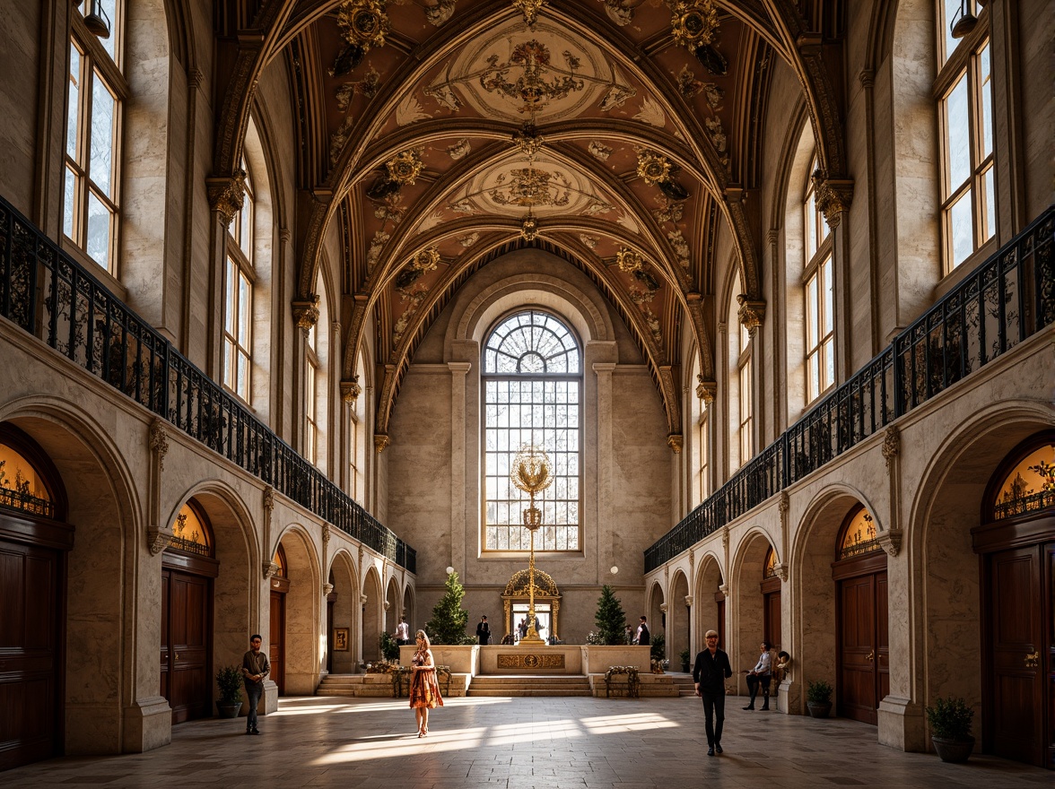 Prompt: Intricate stone carvings, ornate frescoes, grandiose domes, majestic archways, lavish stained glass windows, gilded ornaments, intricate mosaics, sacred symbols, ornamental columns, marble floors, high ceilings, dramatic lighting, warm golden tones, soft focus, shallow depth of field, 1/2 composition, symmetrical framing, realistic textures, ambient occlusion.