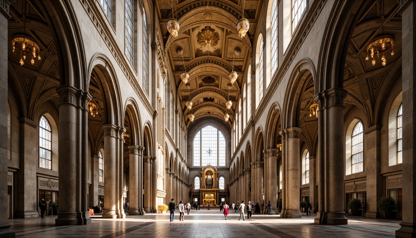 Prompt: Grand cathedral, symmetrical facade, ornate stone carvings, stained glass windows, vaulted ceilings, intricate mosaics, golden domes, classical columns, arches, pediments, grand entrance, marble floors, solemn atmosphere, soft warm lighting, shallow depth of field, 1/1 composition, central perspective, realistic textures, ambient occlusion.