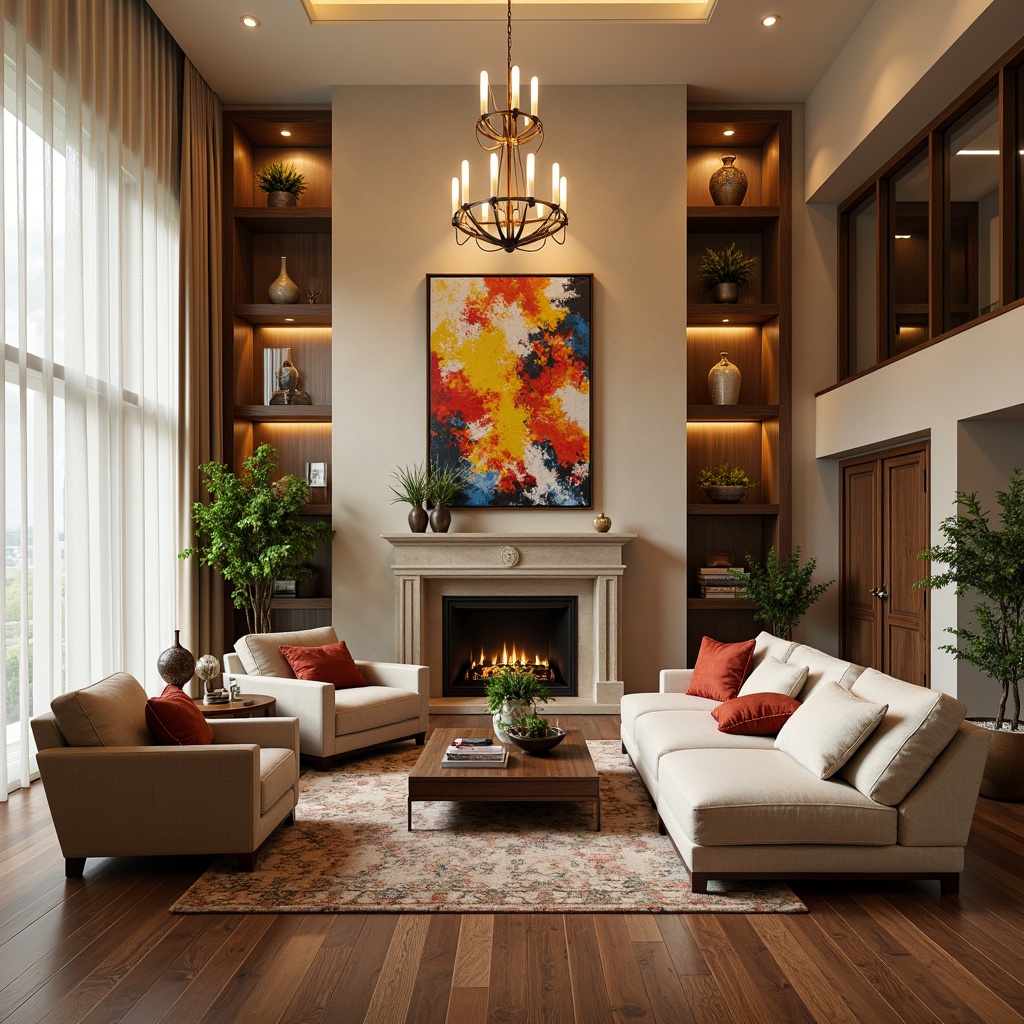 Prompt: Cozy living room, plush sofas, velvet armchairs, warm beige walls, rich wood flooring, soft golden lighting, elegant chandeliers, modern minimalist decor, vibrant colorful artwork, comfortable throw pillows, luxurious rugs, floor-to-ceiling windows, natural stone fireplaces, sleek metal accents, sophisticated color palette, 1/1 composition, shallow depth of field, realistic textures.