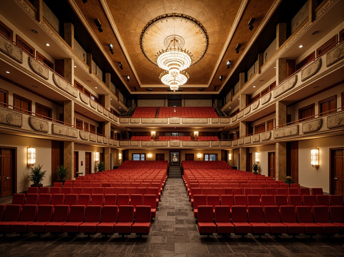 Prompt: Grand auditorium, ornate chandeliers, plush red seats, curved balconies, acoustic panels, soundproofing materials, reinforced concrete structures, steel beams, robust foundations, earthquake-resistant design, natural ventilation systems, energy-efficient lighting, dramatic spotlights, 3-point perspective composition, warm golden lighting, shallow depth of field, realistic textures, ambient occlusion.