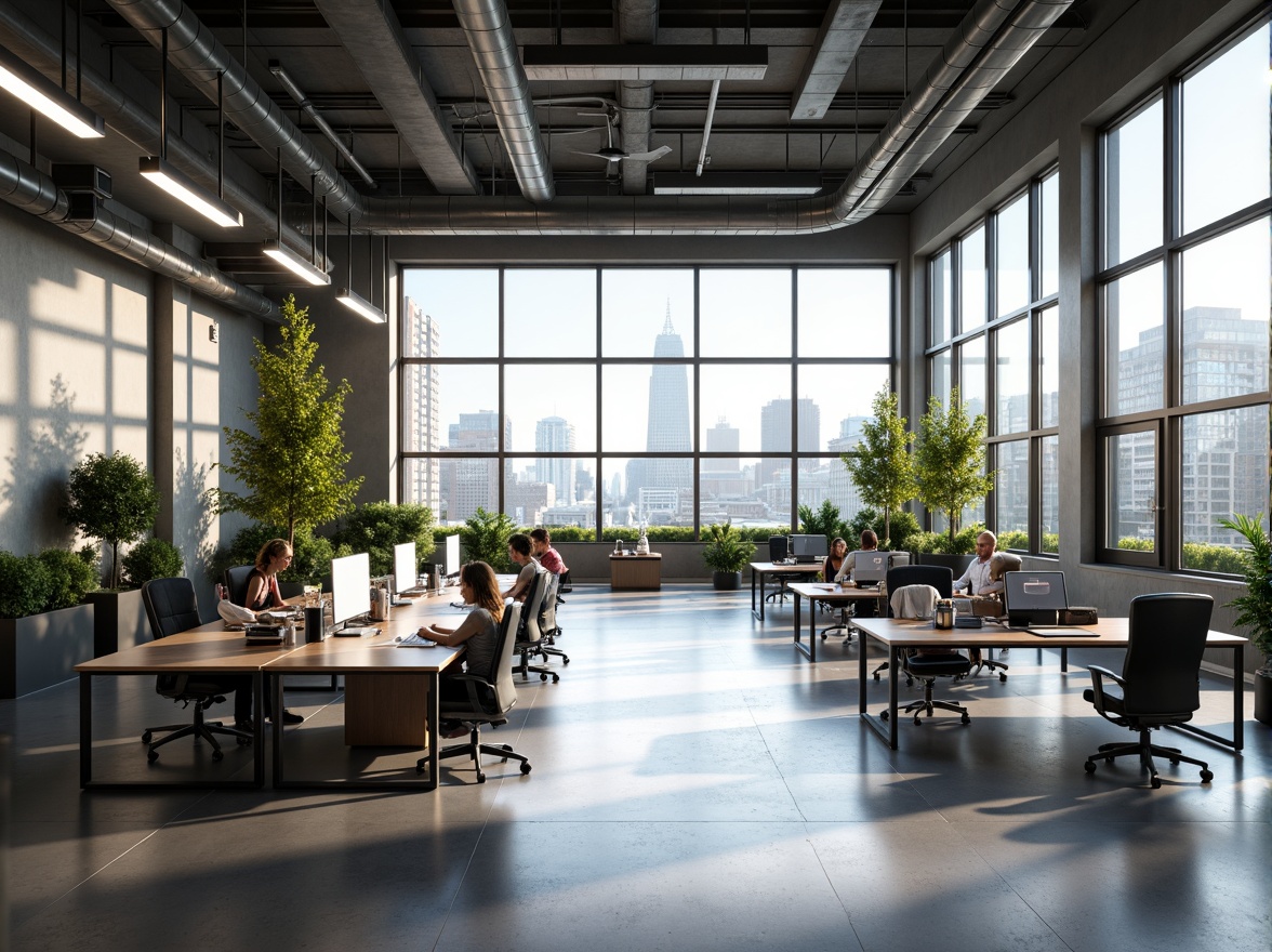 Prompt: Modern office space, open floor plan, minimalist decor, sleek metal desks, ergonomic chairs, collaborative workstations, acoustic panels, natural light pouring in, floor-to-ceiling windows, urban cityscape views, 1/1 composition, shallow depth of field, softbox lighting, realistic textures, ambient occlusion, functional zoning, efficient circulation paths, flexible modular furniture, green walls, air-purifying plants, calming color scheme, innovative storage solutions.