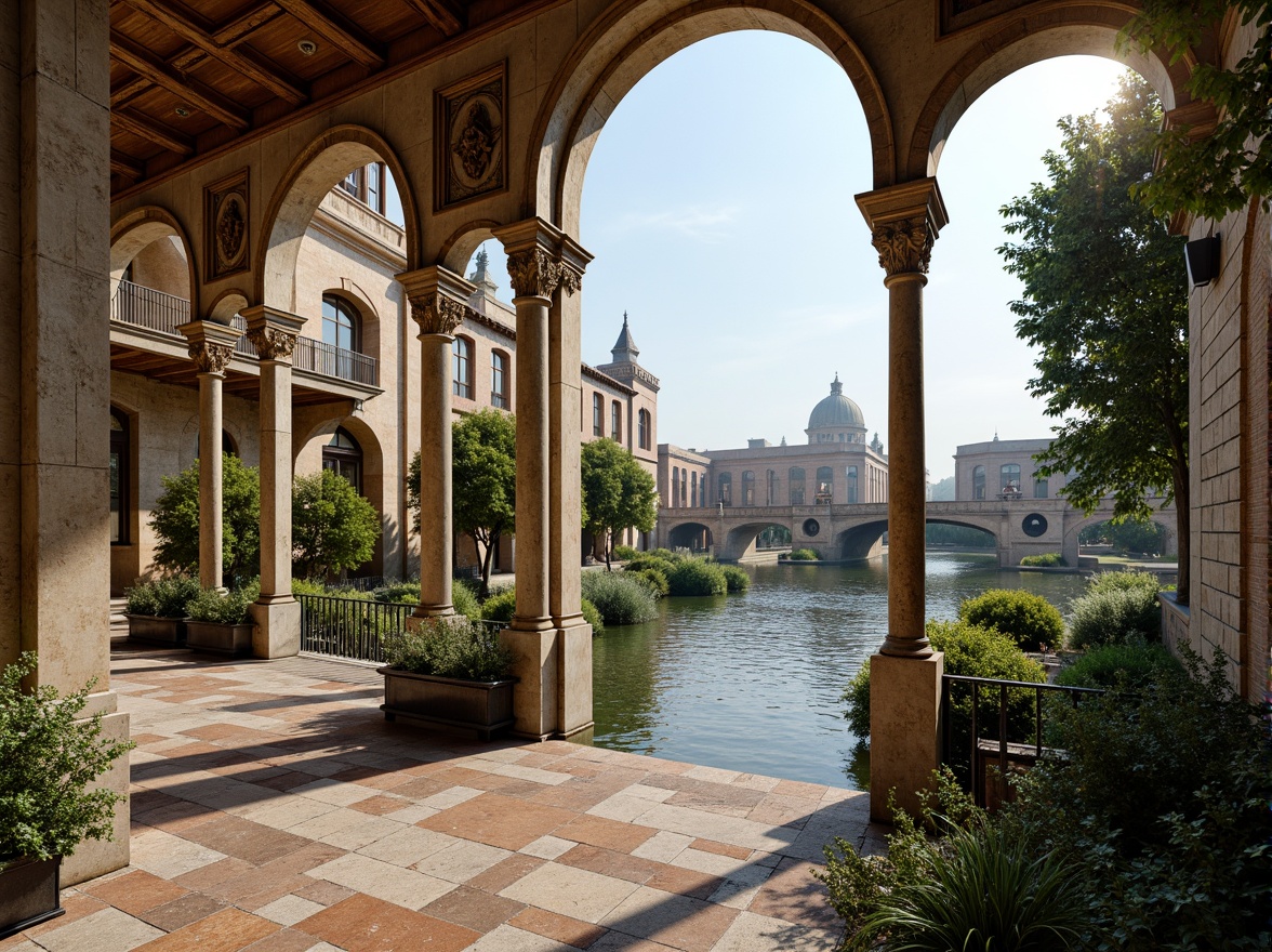 Prompt: Elegant archways, ornate stone carvings, rustic brick facades, grandiose bridge structures, serene water reflections, lush greenery, vibrant flowers, majestic river views, sunny day, soft warm lighting, shallow depth of field, 3/4 composition, panoramic view, realistic textures, ambient occlusion, Renaissance-inspired ornateness, classical columns, symmetrical architecture, decorative balustrades, intricate stonework, weathered copper details, ornate metal railings.