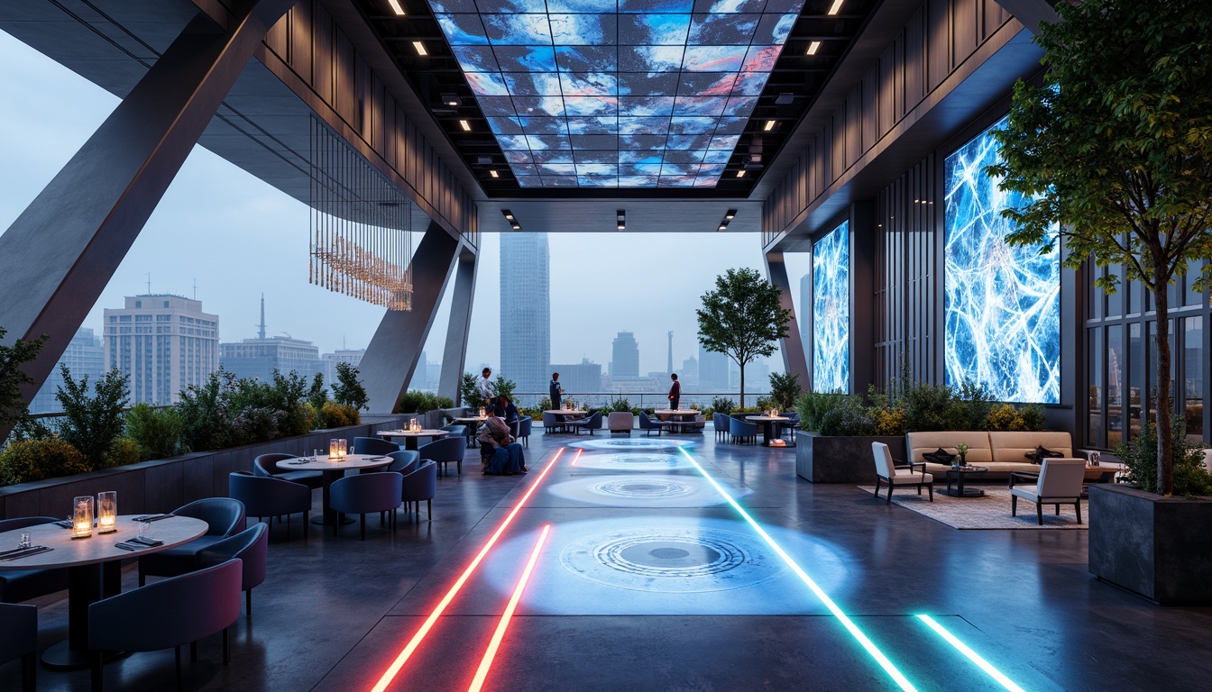 Prompt: Futuristic dining hall, sleek metallic columns, curved glass roofs, minimalist chandeliers, holographic projections, neon-lit tables, levitating chairs, iridescent flooring, ambient LED lighting, 3D-printed decorative screens, parametric architecture, cantilevered balconies, panoramic city views, misty atmospheric effects, shallow depth of field, 1/2 composition, cinematic camera angles, photorealistic rendering.