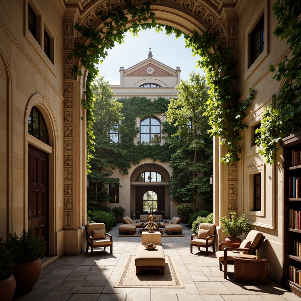 Prompt: Traditional university buildings, ivy-covered walls, ornate stone carvings, rich wood tones, warm beige stucco, classic columns, elegant archways, sophisticated neutral colors, earthy brown furniture, vintage leather-bound books, subtle golden accents, soft natural lighting, shallow depth of field, 1/1 composition, realistic textures, ambient occlusion.