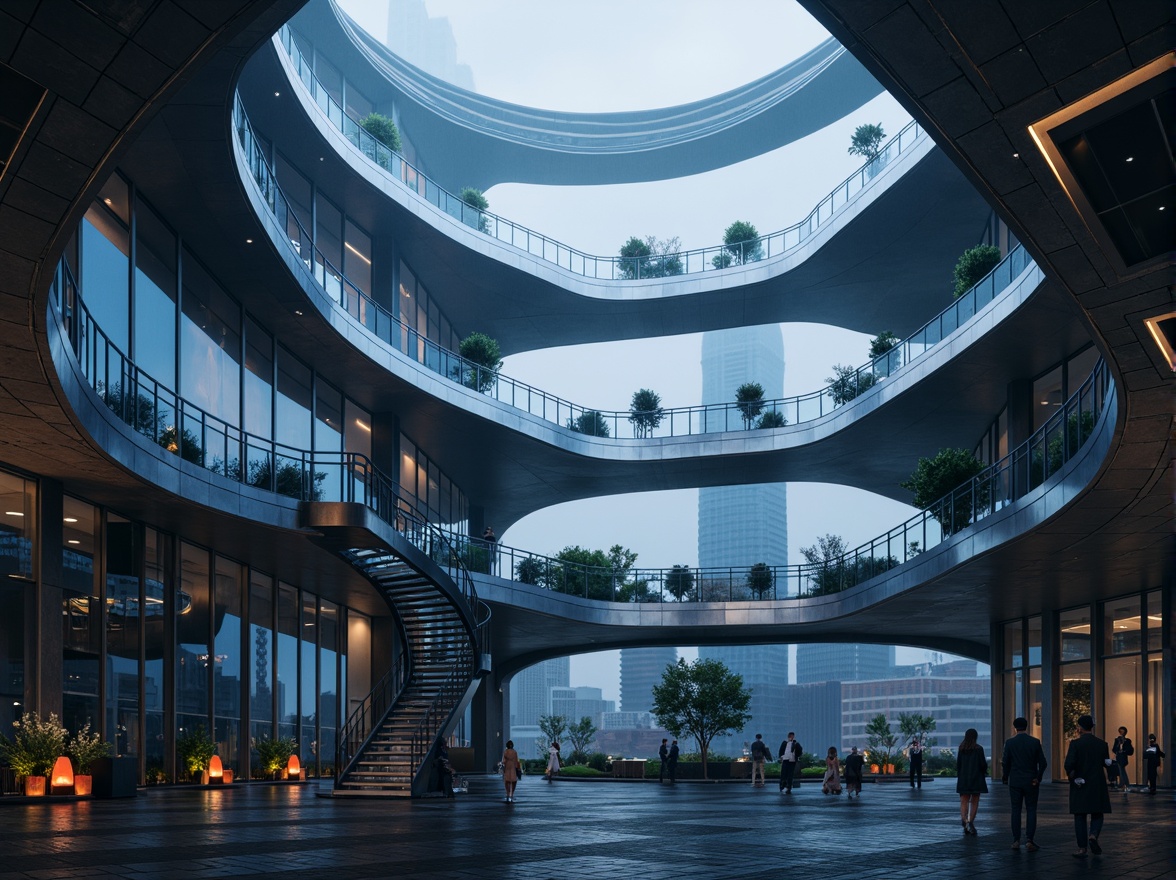 Prompt: Twisting spiral staircase, undulating balconies, flowing curves, futuristic watching tower, sleek metallic surfaces, iridescent glass fa\u00e7ades, shimmering LED lights, celestial observatory, stargazing platform, atmospheric mist, mystical fog, dreamy twilight, soft ethereal glow, 1/1 composition, symmetrical framing, dramatic shadows, cinematic lighting, realistic reflections, ambient occlusion.