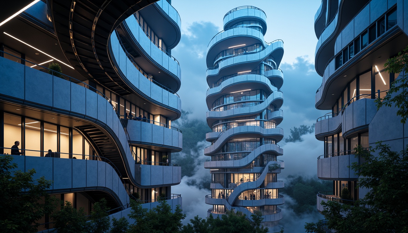 Prompt: Twisting spiral staircase, undulating balconies, flowing curves, futuristic watching tower, sleek metallic surfaces, iridescent glass fa\u00e7ades, shimmering LED lights, celestial observatory, stargazing platform, atmospheric mist, mystical fog, dreamy twilight, soft ethereal glow, 1/1 composition, symmetrical framing, dramatic shadows, cinematic lighting, realistic reflections, ambient occlusion.